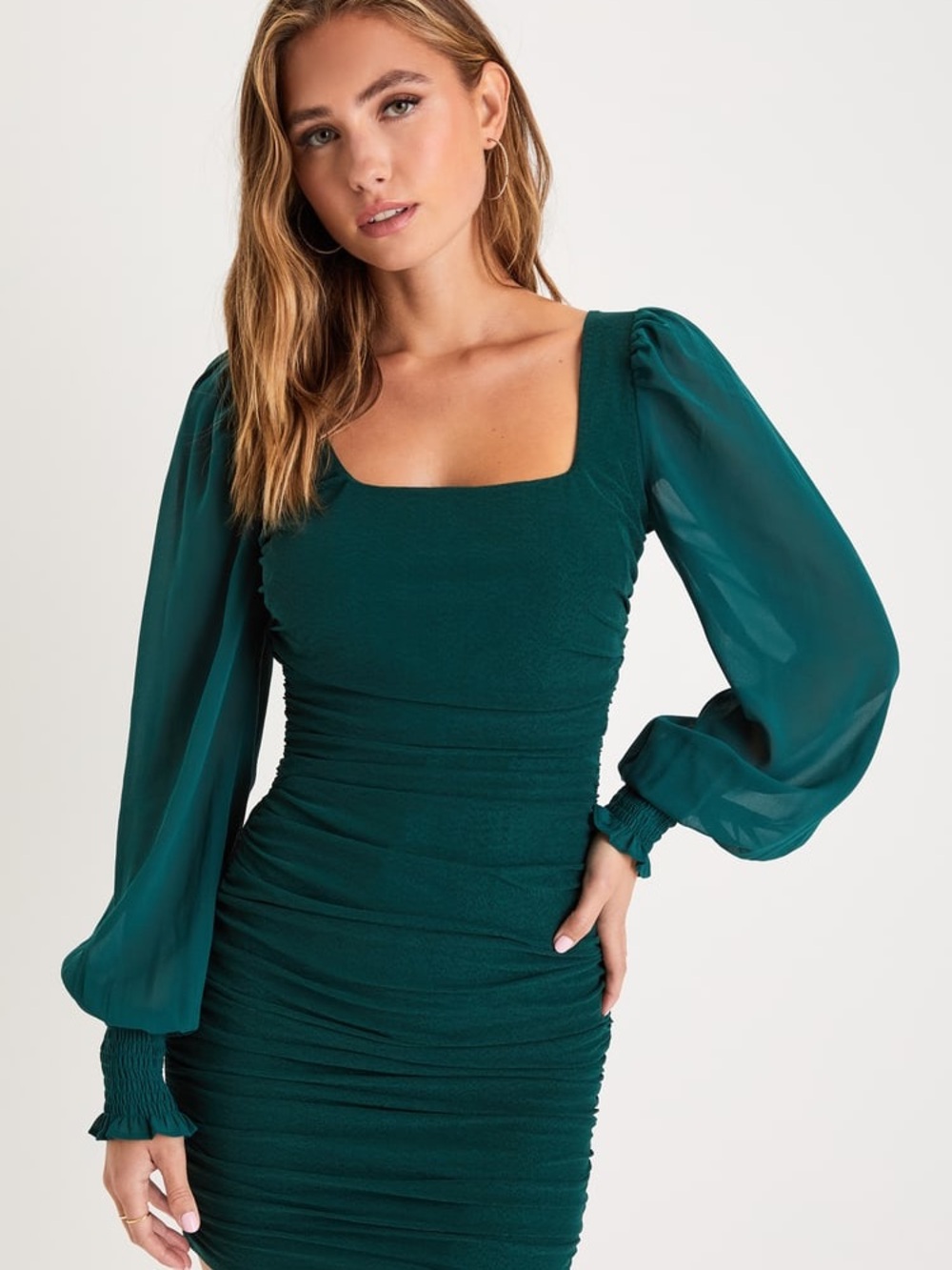 NWT Lulu’s Perfect Sensation Dark Green Mesh Ruched Puff Sleeve Mini Dress